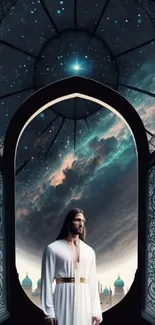 Mystical window view with stars and serene figure under a cosmic sky.