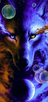 Mystical wolf with cosmic background in purple and orange hues.