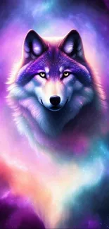 Mystical wolf with cosmic background in vibrant colors.