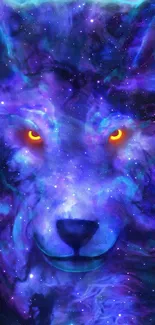 Mesmerizing cosmic wolf with purple nebula and glowing eyes.