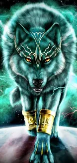 Mystical cosmic wolf with teal fur and glowing eyes on a fantasy background.