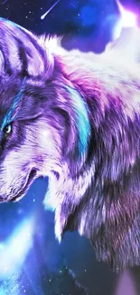 Mystical neon wolf in cosmic setting wallpaper.