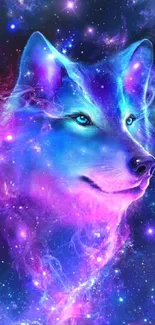 Mystical cosmic wolf with vibrant purple and blue hues in a galaxy setting.