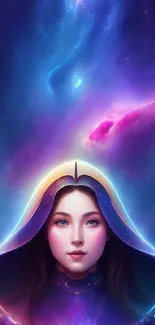 Mystical woman in a galactic hood with cosmic background.