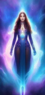 Mystical cosmic woman surrounded by glowing nebula in vibrant colors.