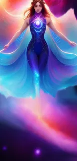 A mystical cosmic woman in vibrant colors against a galaxy backdrop.