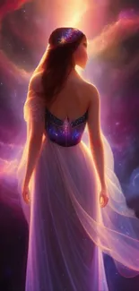 A mystical woman in a cosmic-themed dress against a cosmic background.