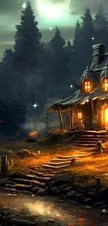 Magical forest cottage at night with glowing windows and starry sky.