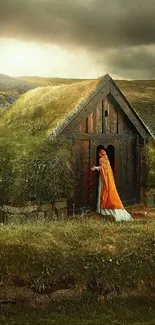 A woman in an orange cloak entering a grass-roofed cottage under cloudy skies.