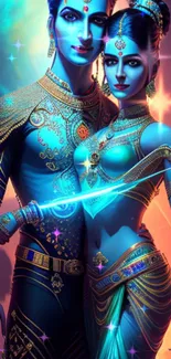 Mystical couple with blue hues and cosmic elements in fantasy art wallpaper.