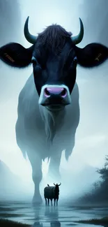 Surreal mystical cow in a foggy landscape art.