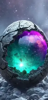 Cracked egg reveals glowing galaxy with vibrant colors.
