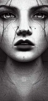 Grayscale artwork of a cracked mystical face, perfect for mobile wallpaper.