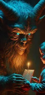 A mystical creature shares a moment with a child, depicting a fantasy scene.