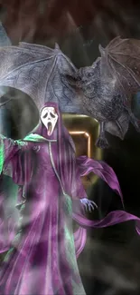 Mystical figure in purple cloak with bat and skull elements.