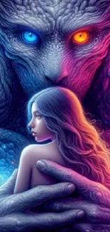 Fantasy wallpaper with mystical creature and woman in vivid colors.