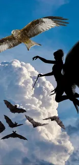 Winged creature flying in a blue sky with birds and clouds.