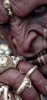 Close-up of a fantasy creature with rings and jewelry.