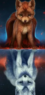 Mystical fox and reflection in cosmic scene.