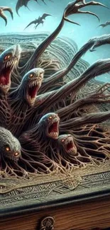 Mystical creatures emerging from ancient book.