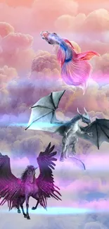 Fantasy creatures soar in pastel clouded skies, featuring a dragon, fish, and pegasus.