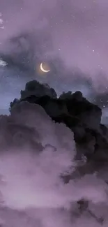 Mystical crescent moon with lavender clouds in the night sky.