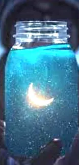 Jar with glowing crescent moon and blue sparkling liquid inside.