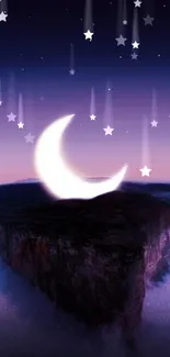 Floating island with crescent moon in a starry night sky.