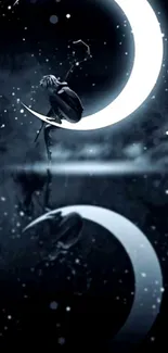 A silhouetted figure sits on a crescent moon reflected on a dark, starry surface.