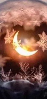 A glowing globe with crescent moon and snowflakes in soft golden light.