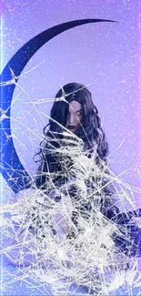 Mystical figure with dark hair by crescent moon, ethereal mobile wallpaper.