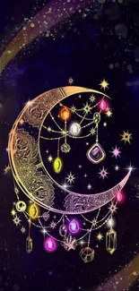 Mystical crescent moon with stars and jewels on a dark purple background.