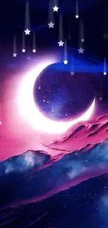 Mystical crescent moon with pink and blue colors in mobile wallpaper.