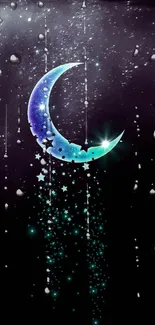 Mystical crescent moon and stars in dark night sky wallpaper.