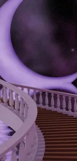 Crescent moon above winding staircase, purple night scene.