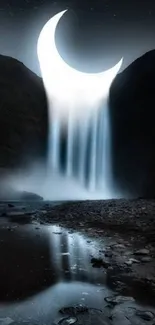 Mystical crescent moon waterfall against a dark landscape.