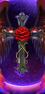 Mystical cross with rose and wings on a cosmic purple background.