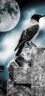 Crow on grave under a full moon, emitting a mysterious ambiance.