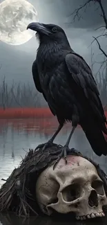 Crow perched on a skull under a full moon.