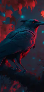 Mystical crow with glowing eyes perched on a branch amidst vibrant red hues.