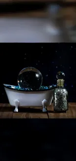 Mystical crystal ball and potion bottle on wooden surface.