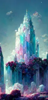 Mystical crystal castle with pastel hues in a fantasy setting.