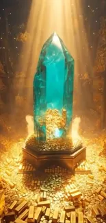 Magical blue crystal in a golden-lit cave filled with treasures.