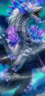 Mystical dragon with crystals on cosmic backdrop.