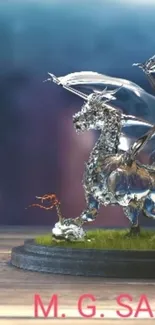 A detailed crystal dragon figurine on display with a blue background.