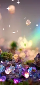 Mystical fantasy scene with vibrant glowing crystals and rainbow light.