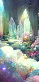 Vibrant, mystical crystal garden with colorful, ethereal lighting.