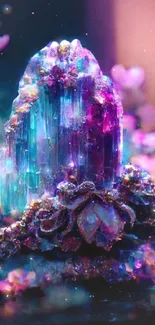 Vibrant crystal garden with flowers, glowing in mystical hues.