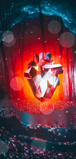 Glowing crystal heart in a mystical forest wallpaper.