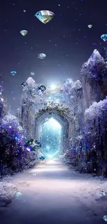 Mystical ice pathway with sparkling crystals and blue violet hues.